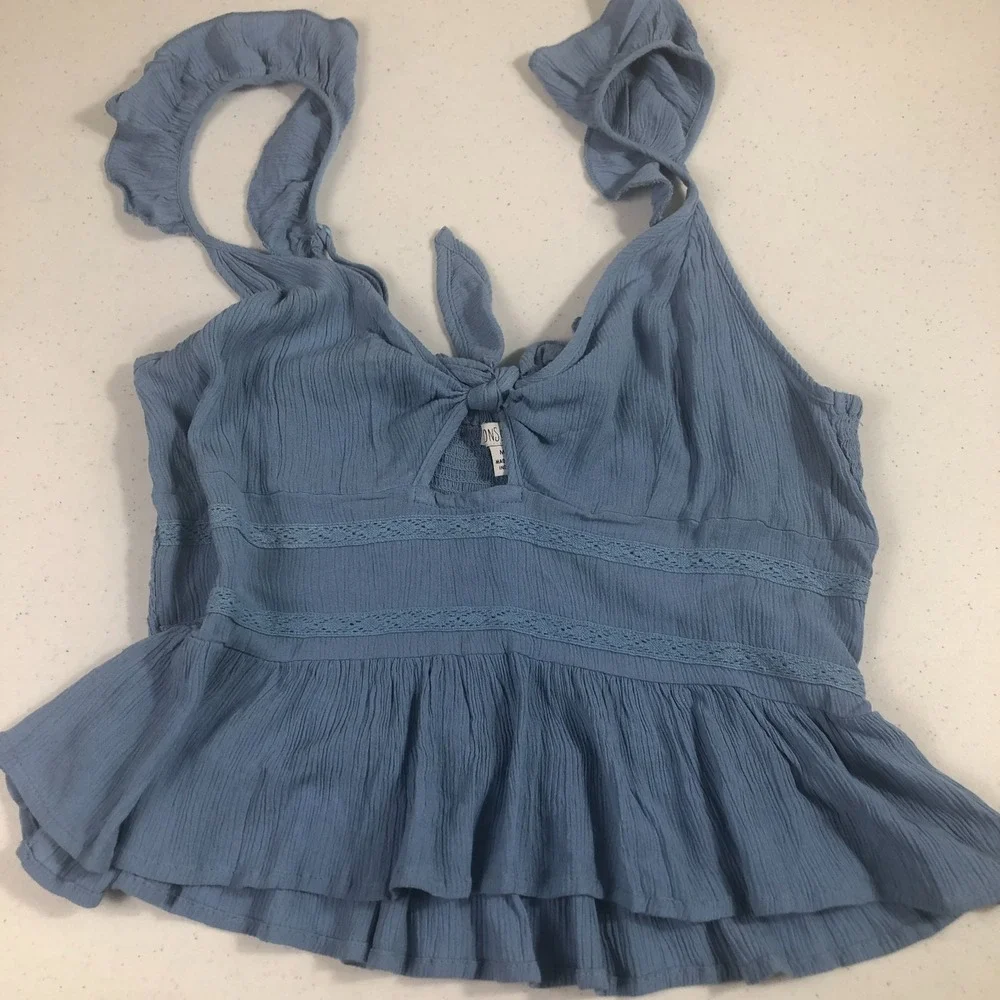 Patrons of Peace Womens Crop Tank Top Medium Blue‎ Ruffle Coastal Cottage Resort - Picture 2 of 11